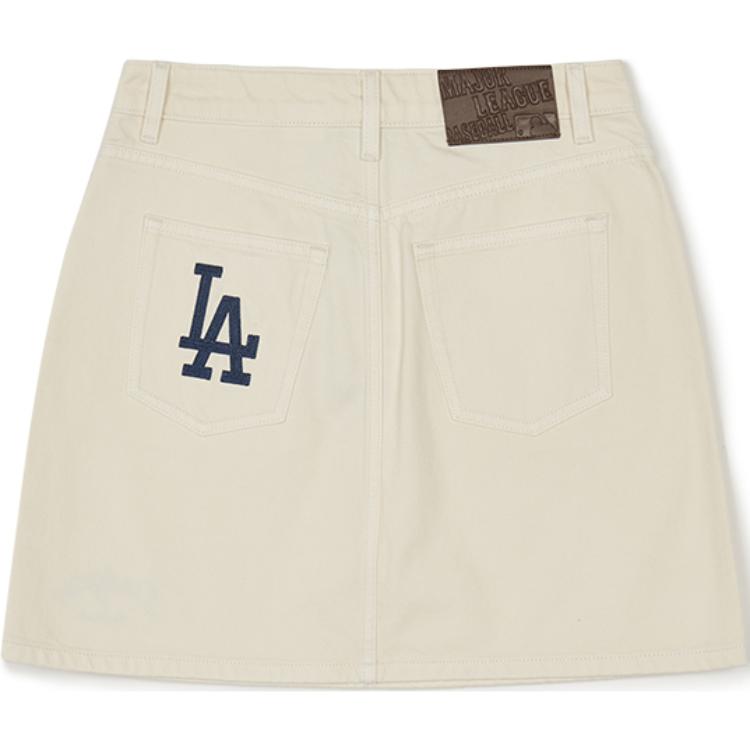 New MLB Varsity Los Angeles Dodgers Denim Short Skirts Women's Dark Cream 3FDSV0144-07CRD