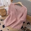Short-sleeved T-shirt loose V-neck thin solid color versatile casual thin top summer new cotton and linen pullover T-shirt women