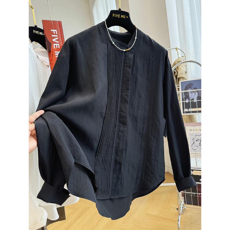 Elegante Blusa de Mujer con Cuello Redondo Plisado y Mangas Largas - Top Chic Francés Primavera 2026