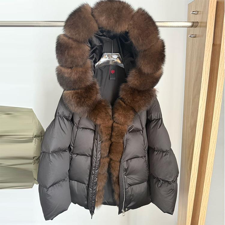 Winter new fox fur collar hooded white goose down jacket women's short loose thickened warm fur jacket