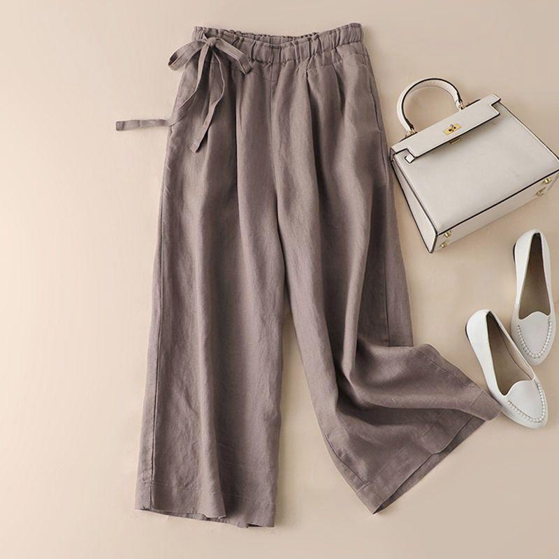 Women's Summer High Waist Wide Leg Pants Elastic Side Tie Casual Cropped Trousers