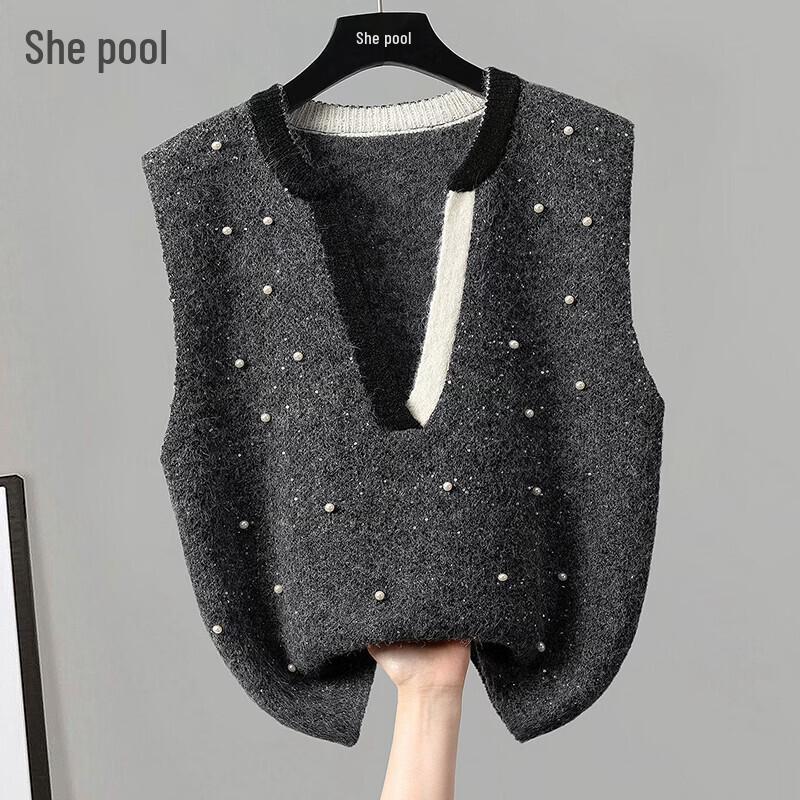 Women s Elegant Shimmer Beaded V-Neck Knit Vest M