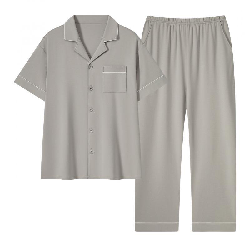 Men's 100% Cotton Summer Pajama Set: Loose Short Sleeve Top & Long Pants for Middle-Aged Dads, Plus Size, High-End Comfort Home Wear