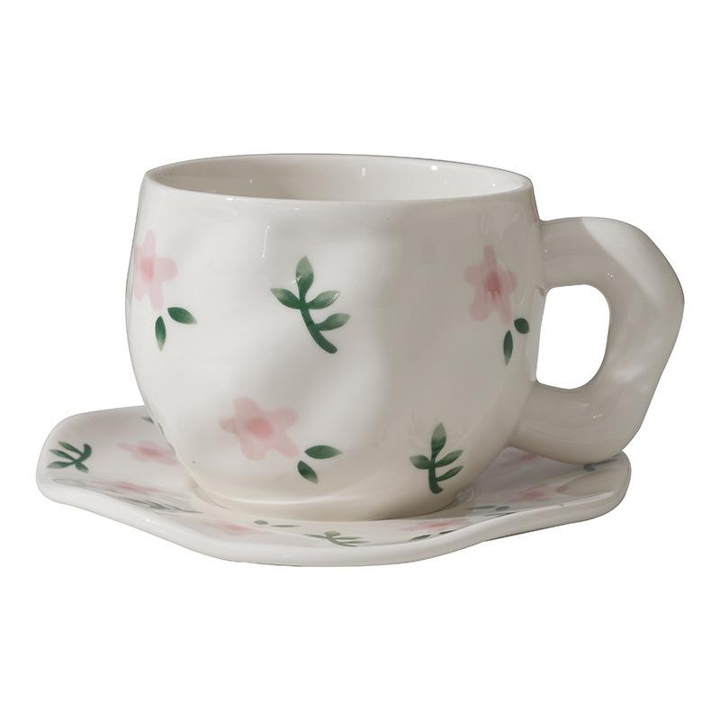 Korean ins style, hand-painted flower handmade ceramic coffee cup, ceramic milk coffee cup and saucer set