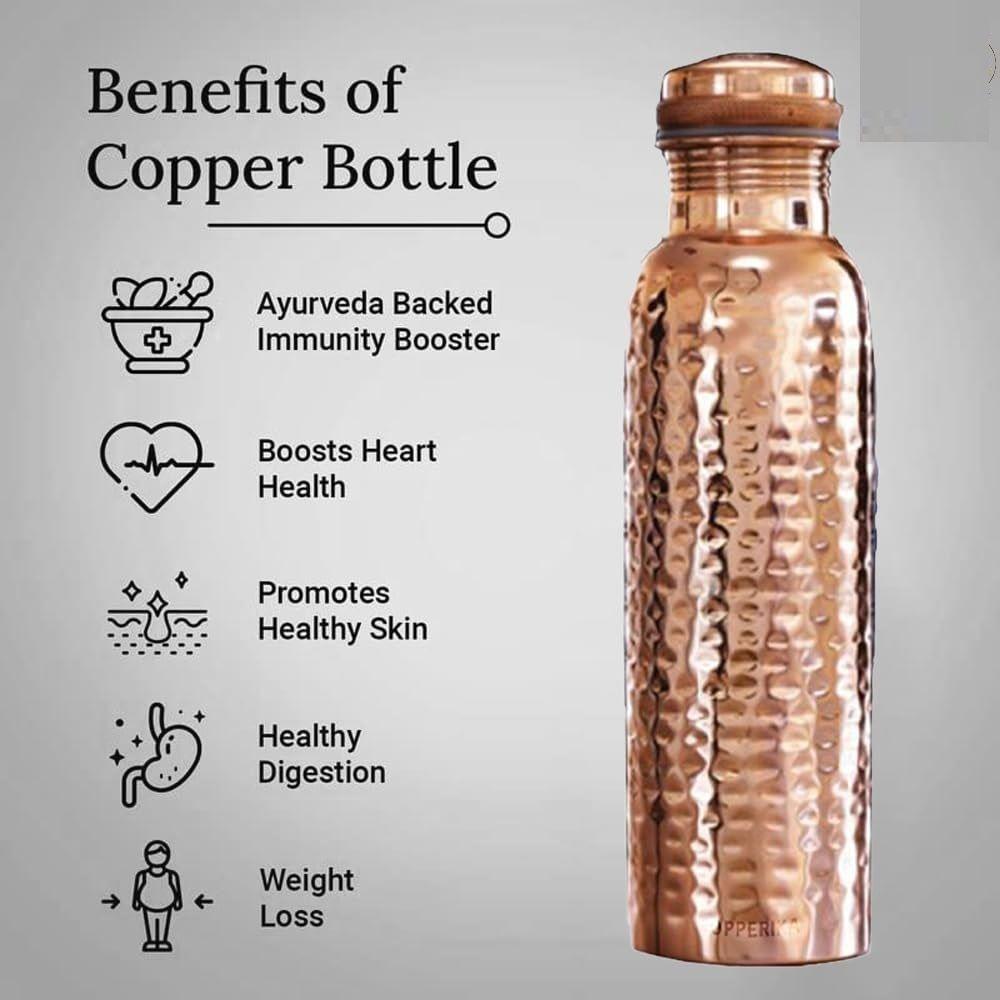 Geschenkset Reine Gehämmerte Kupferwasserflasche 1000ml + Kupferglas (Packung mit 2-300 ml je) Original Schwere Ausführung