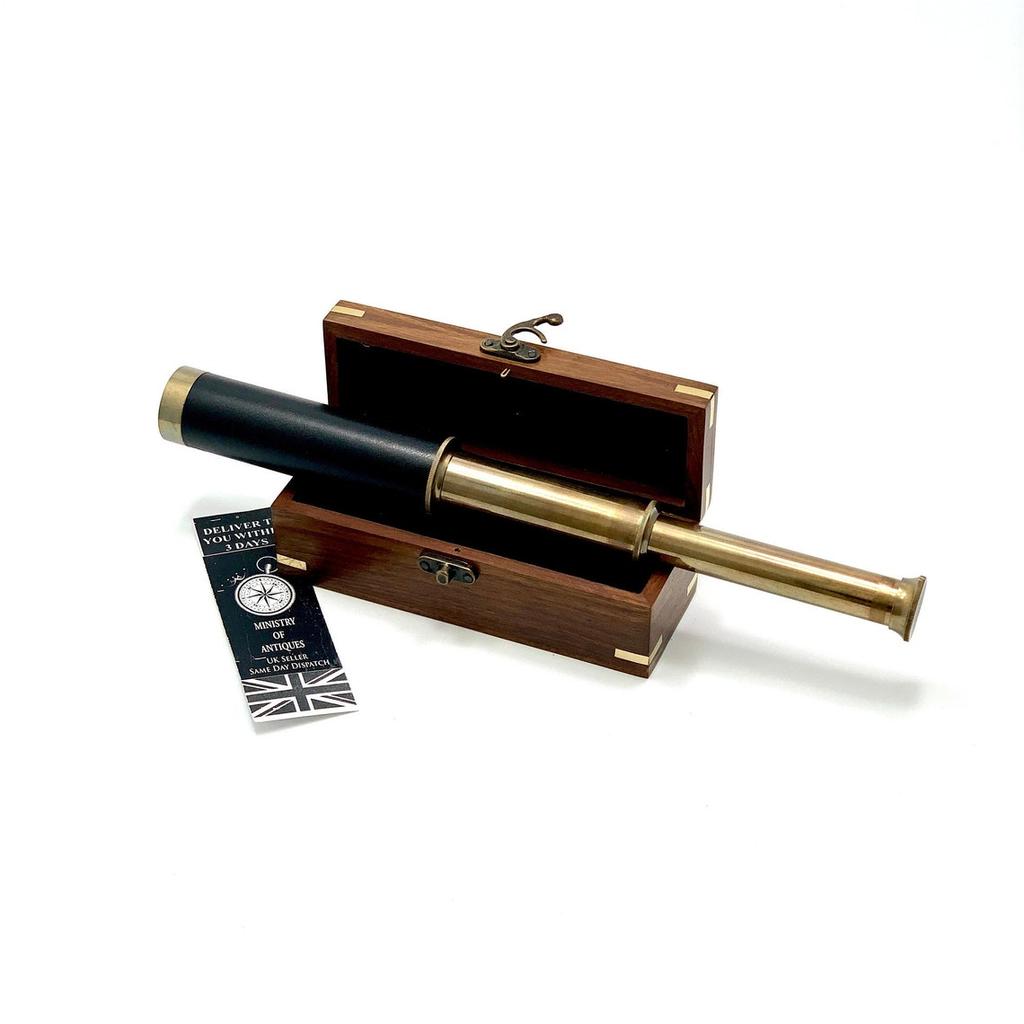 Antique Design Telescope Handheld, Wooden Box Optic Nautical Pirate Scope Spyglass, Leather Covered Telescope with Anchor Engraved Box