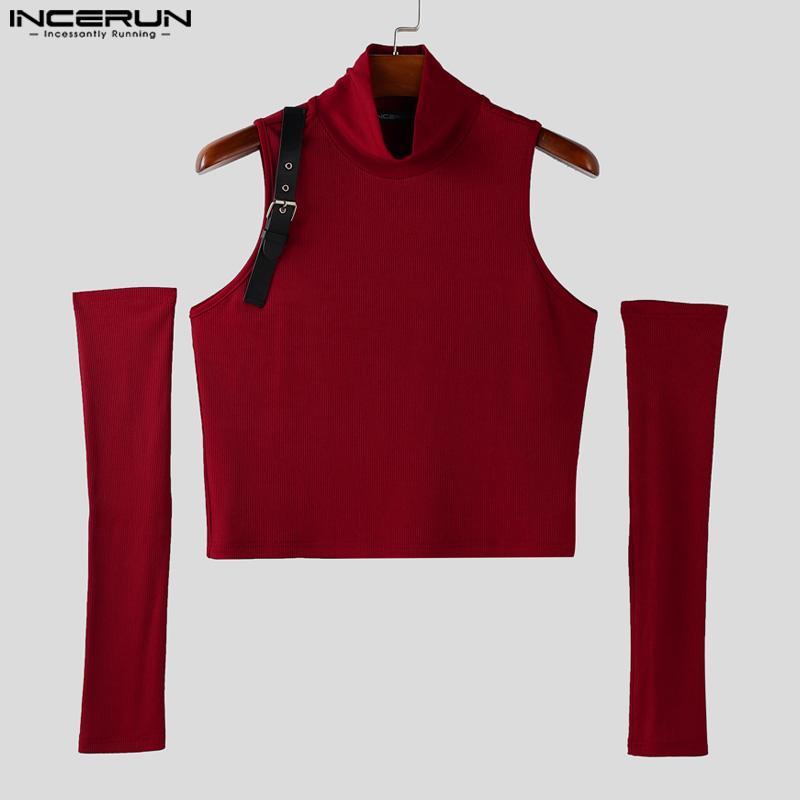 INCERUN Men Turtleneck Sleeveless Rib Casual Fitted Crop Tank Tops with Oversleeve