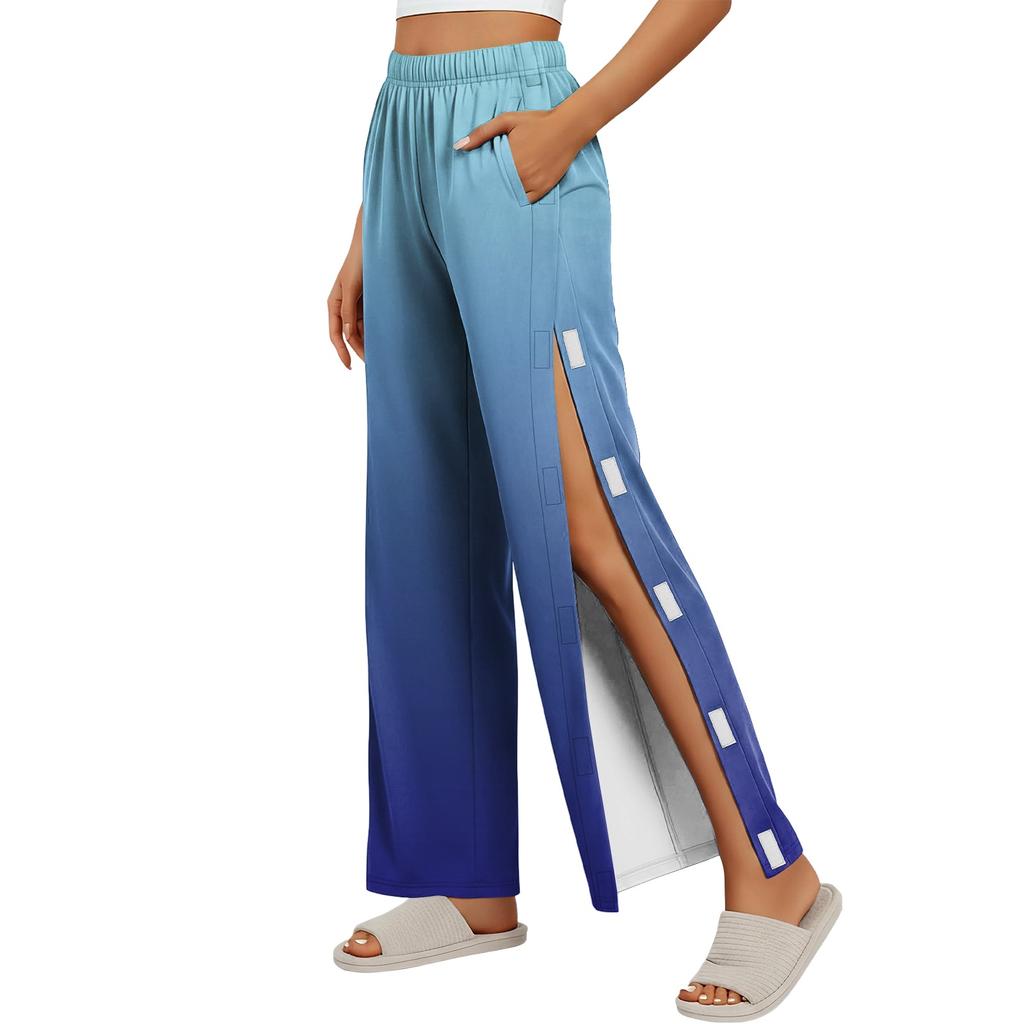 Women Gradient Side Hook and Loop Closure Easy Open Post Surgery Recovery Care Long Pants Elastic Waistband Lightweight Fabric