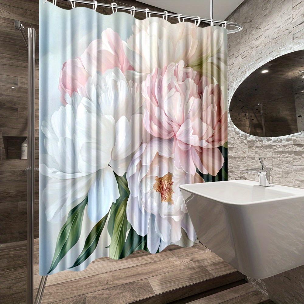 1Pc Floral Shower Curtain With Elegant Peony Design - Polyester Fabric Bathroom Decor, 70.8X70.8 Inches, 12 Hooks Included,