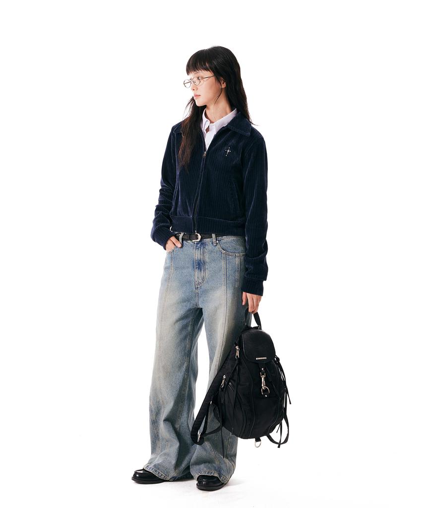 Iugamakaras Velor Collar Zip-Up Jacket (Navy)