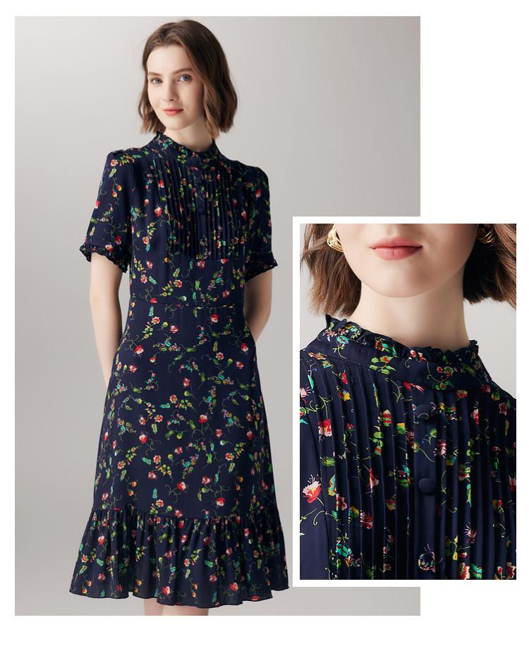 Age reducing Vine Print: Spring/Summer Mulberry Silk Micro Elastic Back Zipper Slimming Short Sleeve Dress