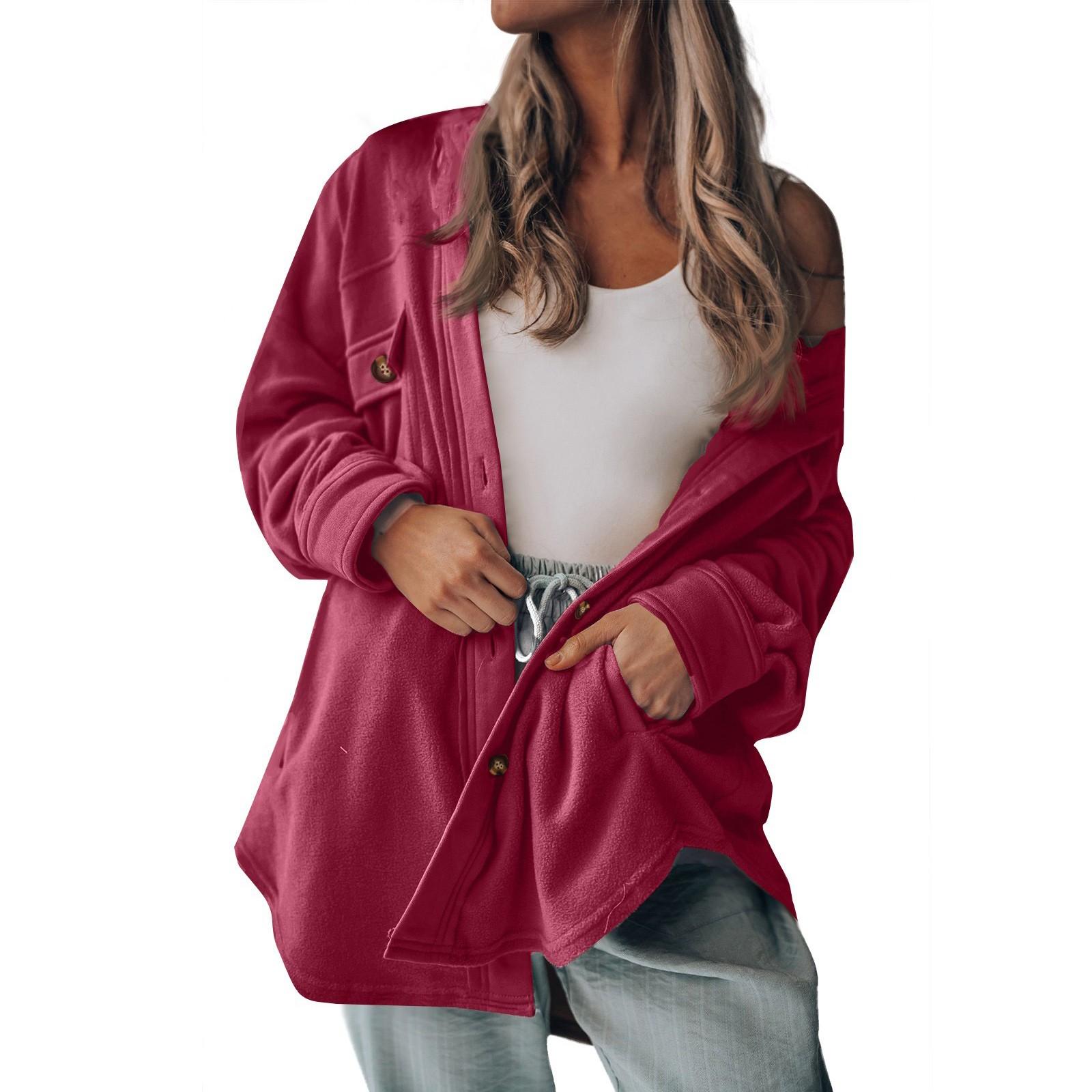 

Женская модная однобортная рубашка с длинными рукавами и лацканами XL винный