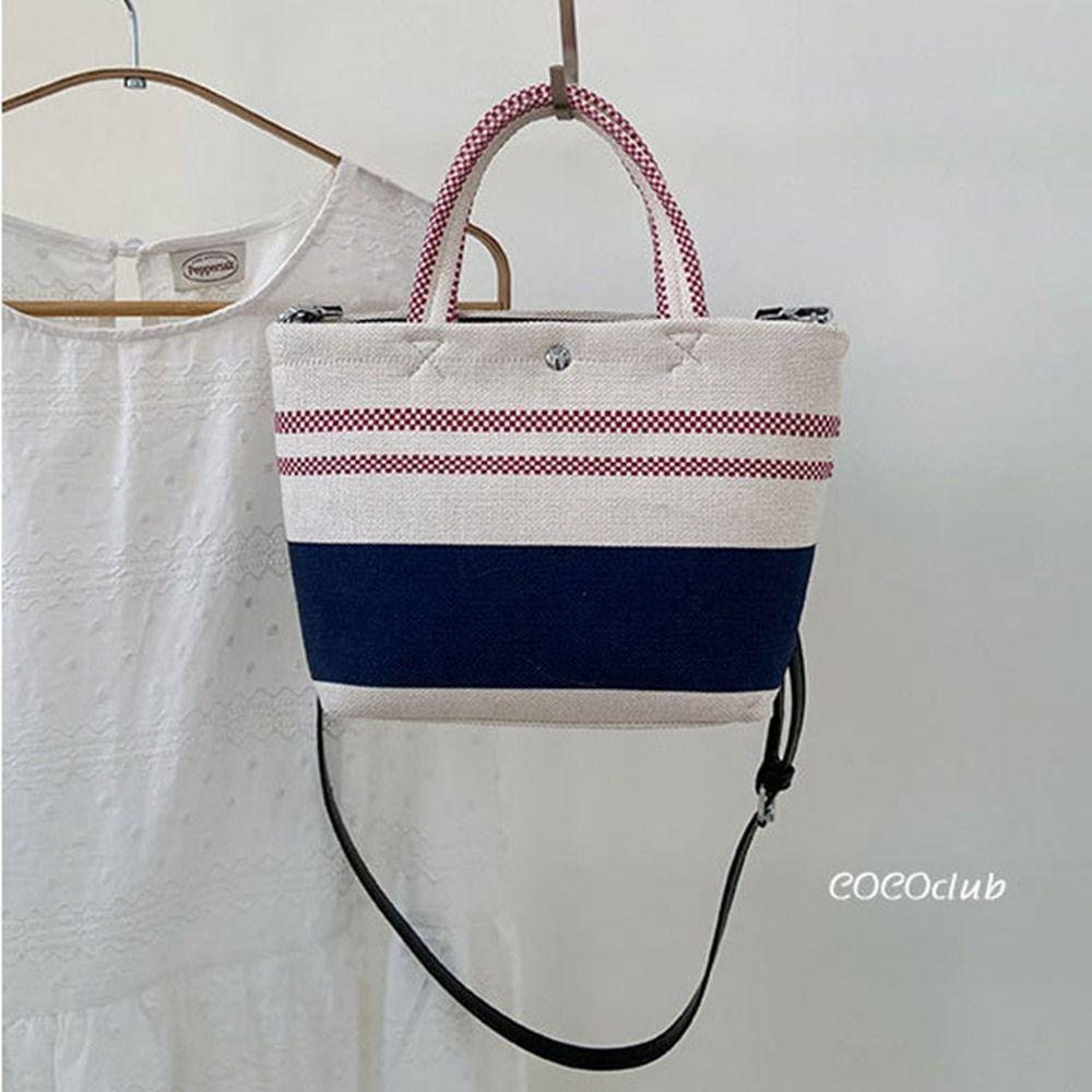 Blue White Striped Stripe Canvas Bag Large Capacity Lunch Bag Portable Weave Handbag  Outdoor