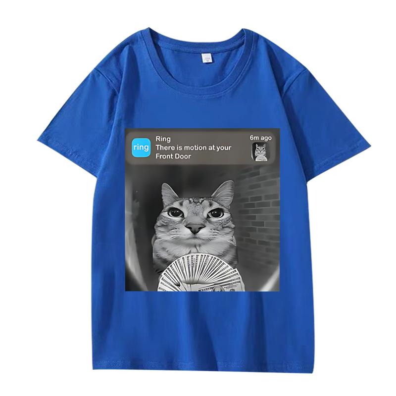There Is Motion At Your Front Door Funny Silly Cat Meme T Shirt Men Women Oversized 100% Cotton  Short Sleeve Summer Unisextops