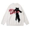 Unisex Oversized Knit Sweater With Retro Chinese Chic Cat Letter Print Casual Wear