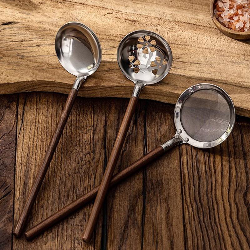 Walnut Handle Kitchen Tool 304 Stainless Steel Spatula Spoon Oil Filter Colander Kit Gadgets Anti-Scalding Cookware For Service