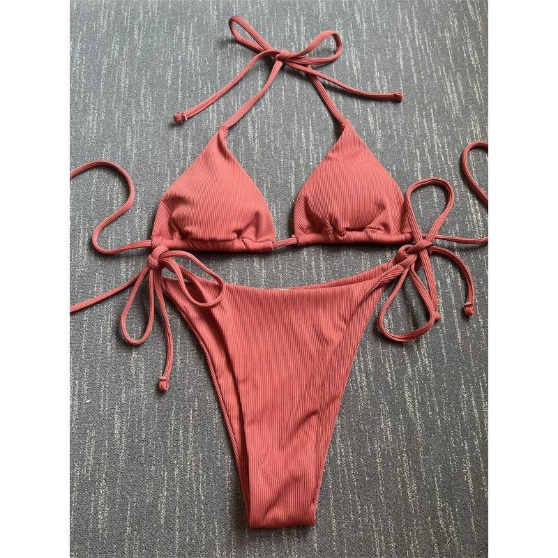 Sexy Brown Bikini 2026 Women Solid Red Halter Push Up Bra Tie Side Triangle Swimsuit Summer Bathing Suit Lace Up Micro Swimwear