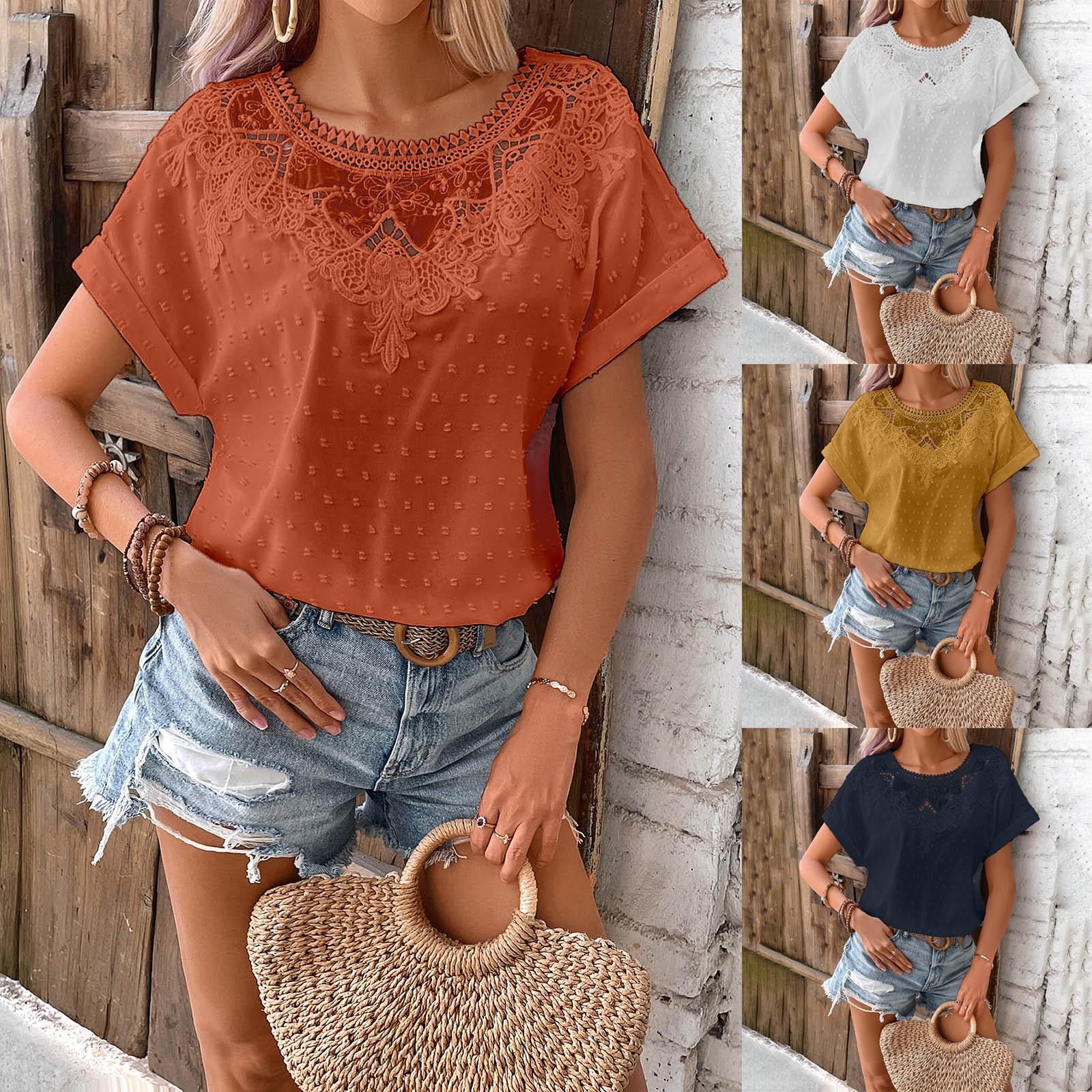 

(Qunide) Women s Lace Short Sleeve Loose With Everything Top