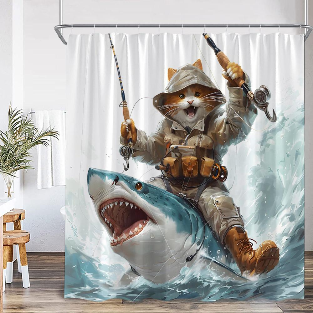 

Смешные животные Занавеска для душа Кот катается на акуле Собака корги Мультяшная Детская занавеска для ванной Комнаты Детский полиэстер Декор для ванны с крючками 90x180cm-35x70in