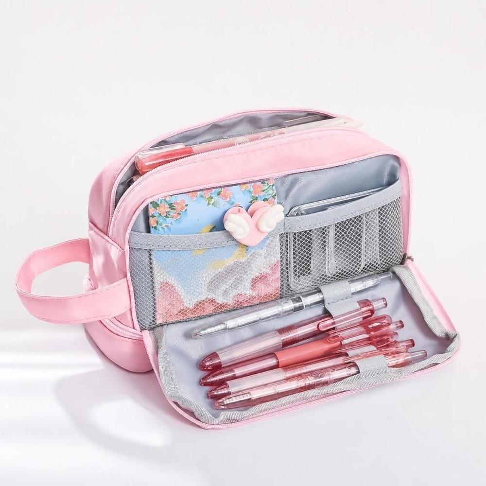Zipper Closure Stationery Box Two Layer Storage Bag Portable Pencil Case Students