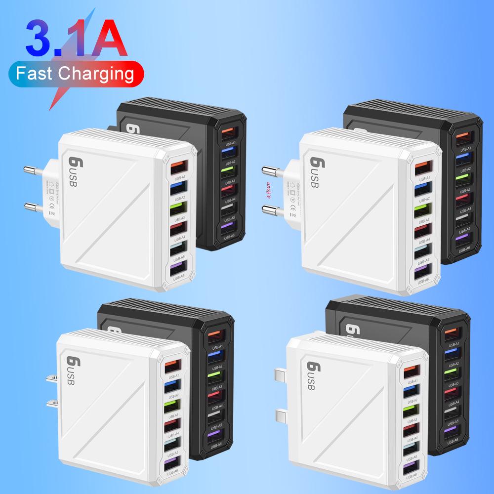 3.1A 6-Port USB Charger with EU, US, UK, KR Plugs for Mobile Phones