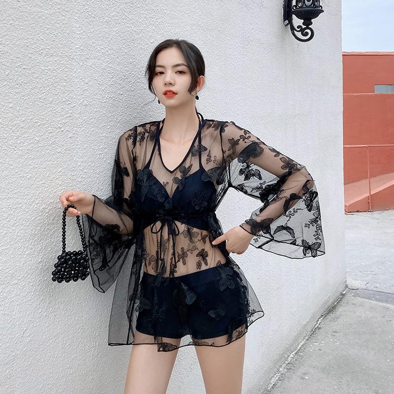 1011 New Korean Split Outerwear Lace Long Sleeve Sunscreen Sexy Slim Skinny Hot Spring Resort Swimsuit Women