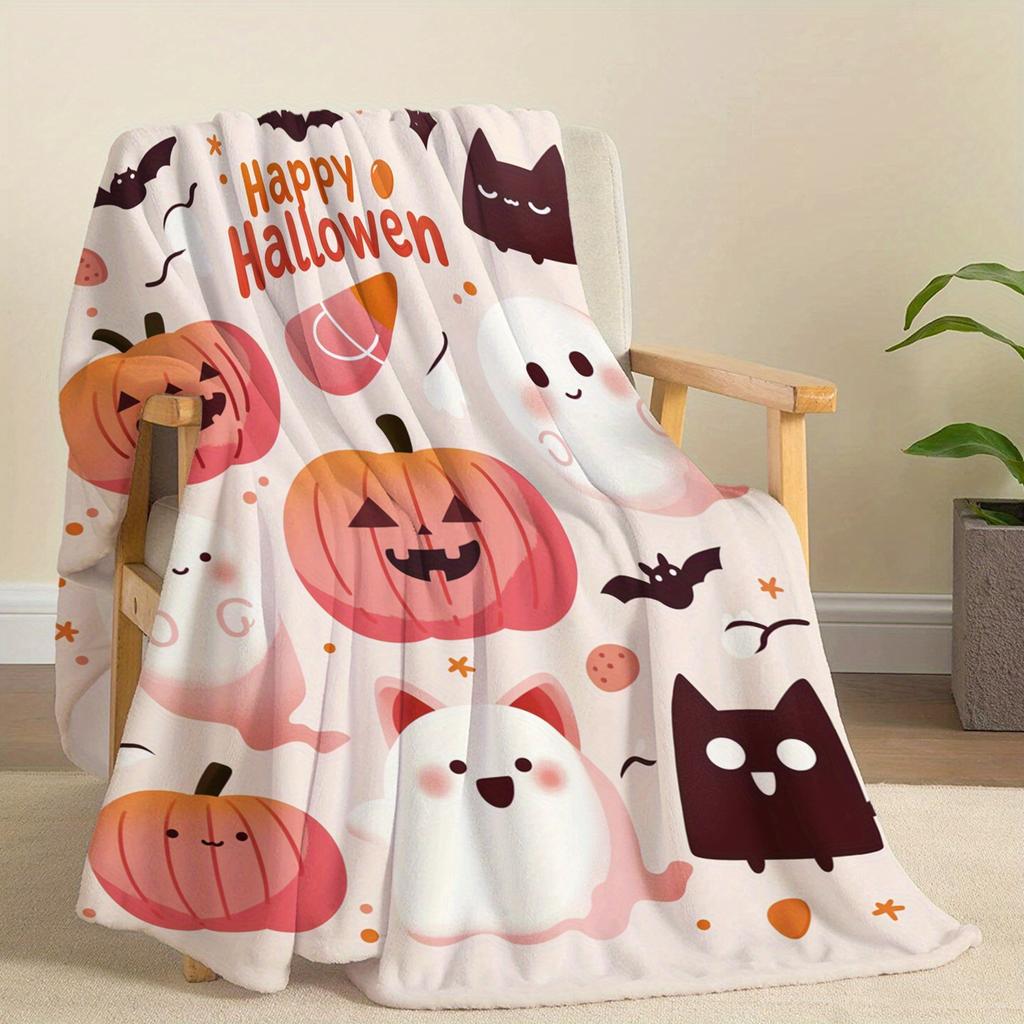 Halloween Ghost Pumpkin Cat Print Soft Flannel Blanket – Comfortable, Lightweight, Halloween Theme Flannel Blanket