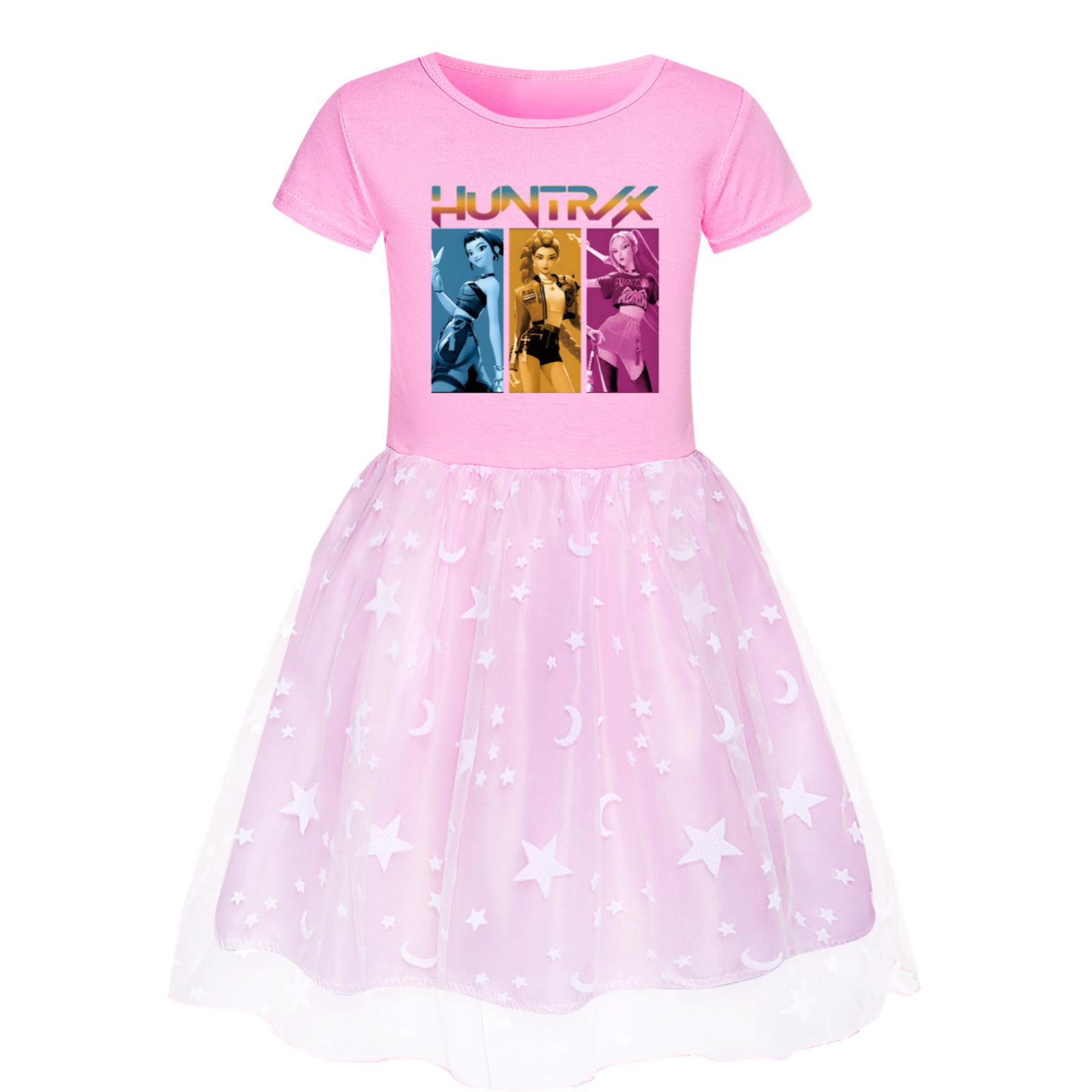 

Дівчаче плаття з зірковим принтом, круглим вирізом, коротким рукавом, кольоровим мереживним печворком 120