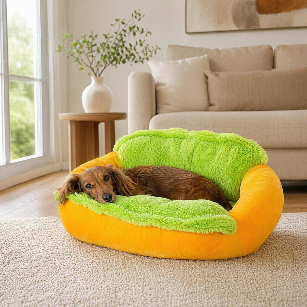 Hot Dog Plush Pet Bed Removable Washable Funny Cat Bed with Non-Slip Bottom for Dachshund Puppies Cats