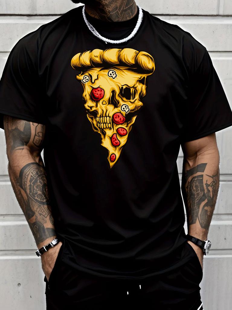 Unisex White Crew Neck Tee Skull Pizza Slice Graphic Print Loose Oversized Short Sleeve Unisexs Streetwear Summer Casual Basic Top