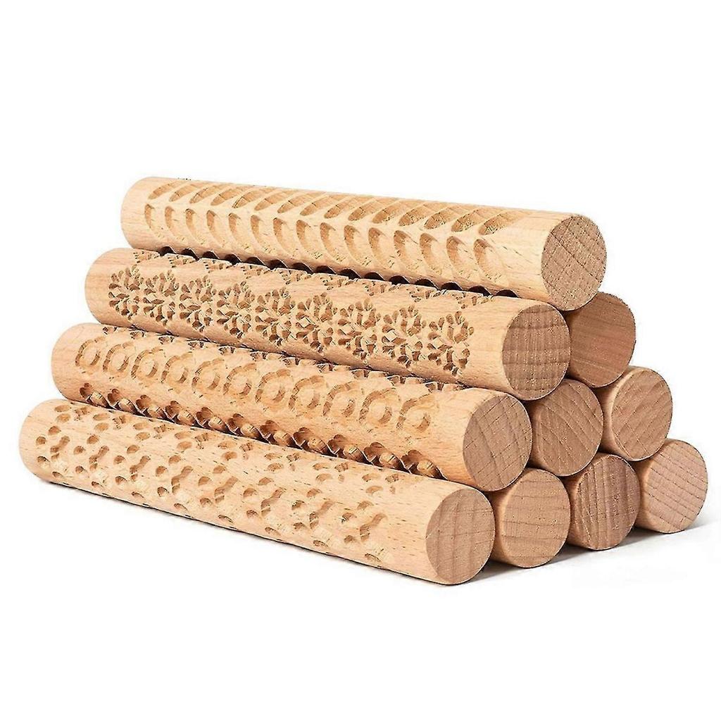 10 Pcs Wooden Clay Texture Roller Set for Pottery and Ceramics, Modeling Texture Rolling Pin Stencil Board Stamps