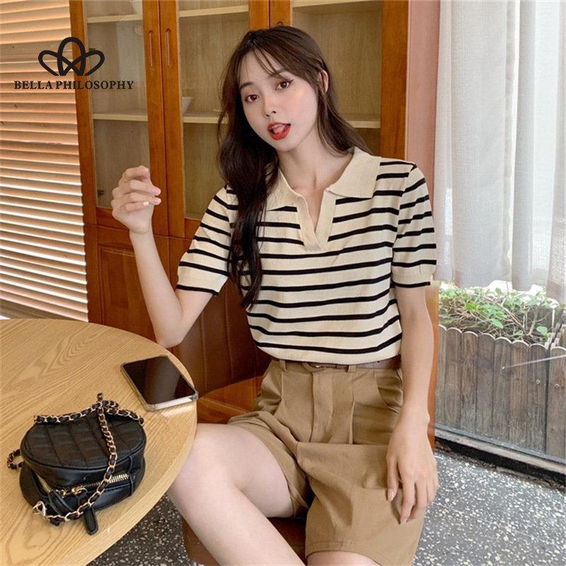 Ice Silk Stripe Polo Neck Short Sleeve T-shirt Women Summer New Casual Cropped Knit Top