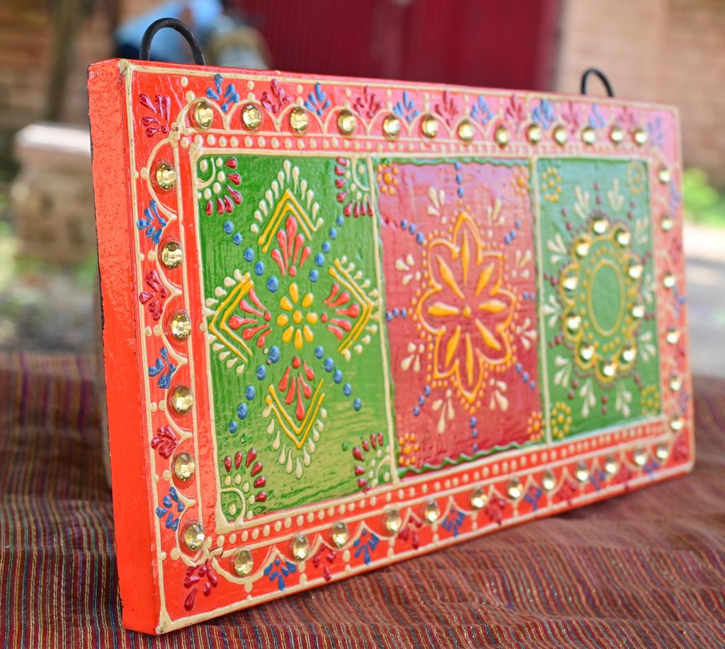 Indian Folk Art Mirror Work Wood Wall Panel: Hand-Painted Bright Ethnic Home Decor
