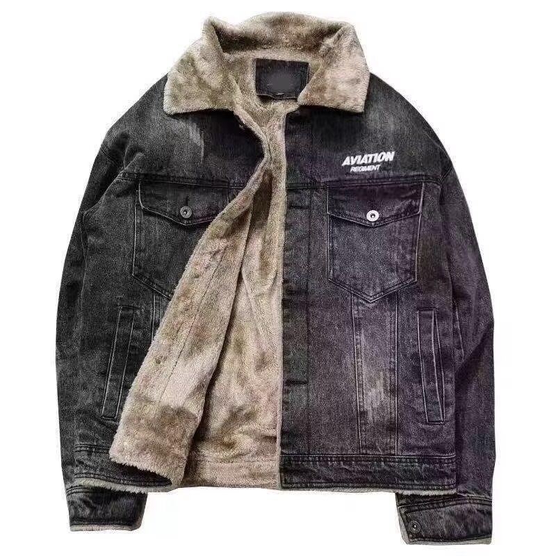 Autumn and Winter New Fashion Solid Color American Retro Thickened Warm Denim Jacket Men's Casual Loose Sports Large Size Coat