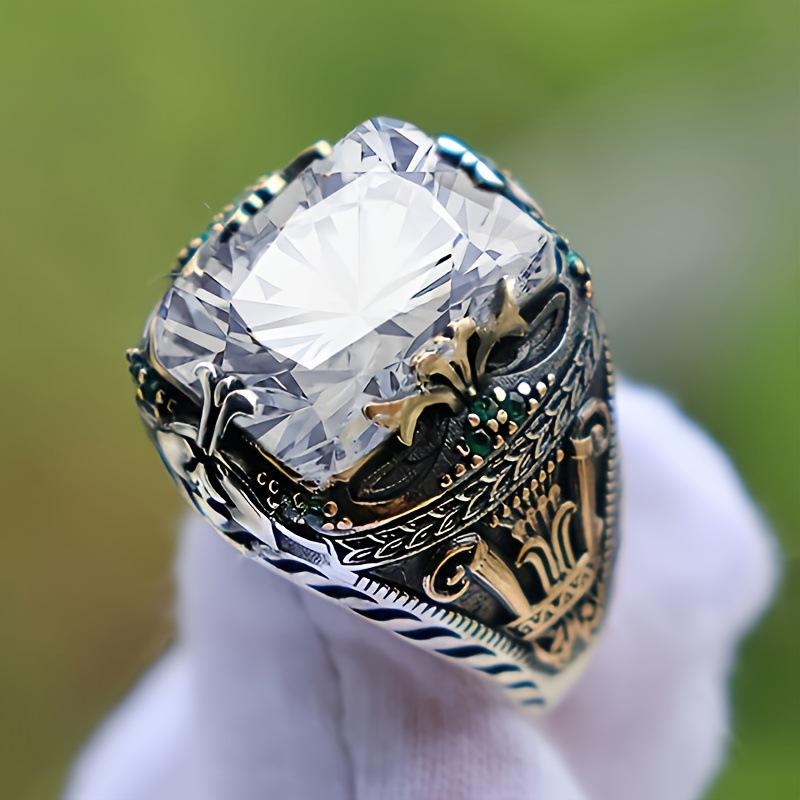 Men's Luxury Alloy Ring with Large Clear Gemstone Intricate Engraved Design Vintage Style Statement Jewelry for Special Occasions