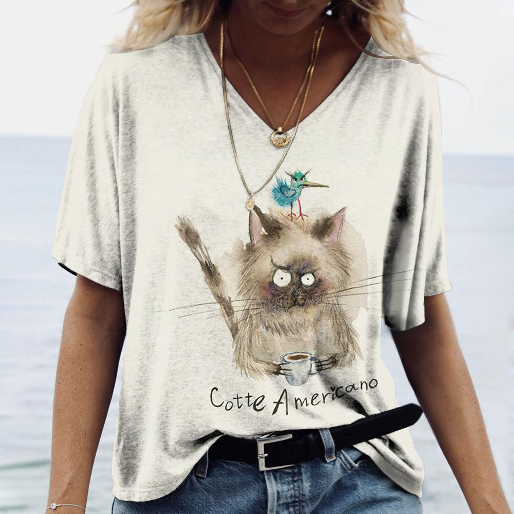 2025 Summer New 3D Cat Print Tee Loose Retro Women's V-neck Short Sleeved Street Style T-shirt Casual Top