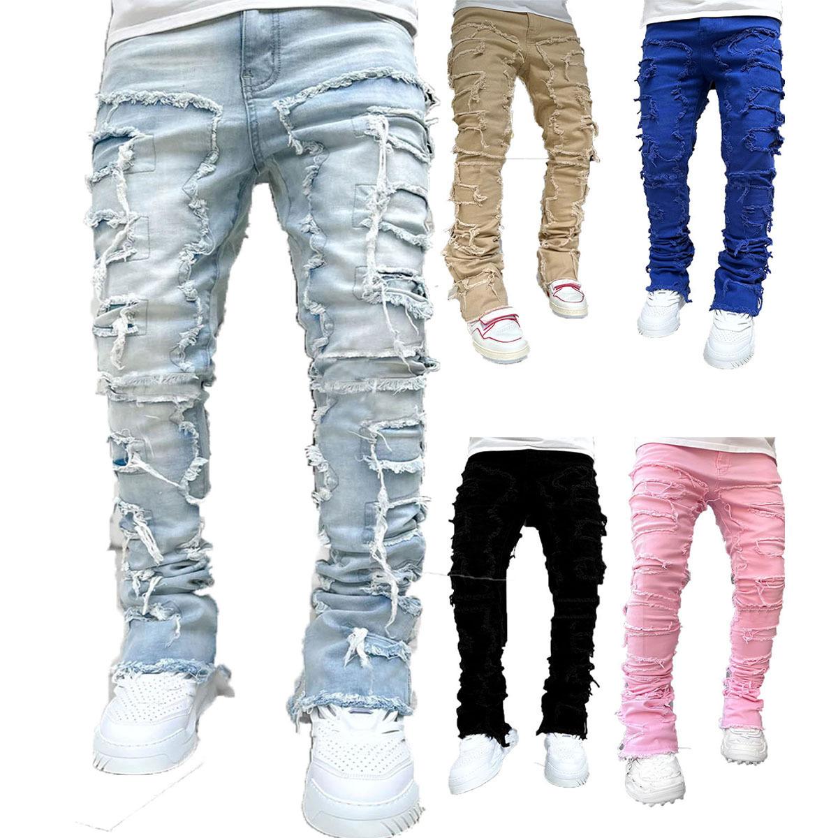 

Men s Fashion Patch Jeans Slim Stretch Micro Lapped Straight Trousers XS