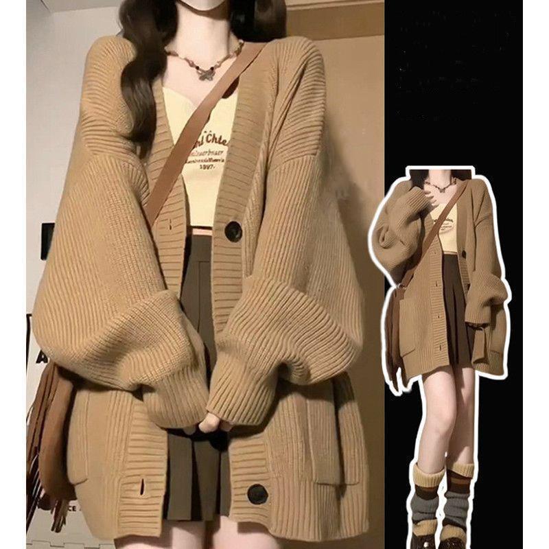 2025 Women's Retro Korean-Japanese Knit Cardigan - Autumn/Winter Lazy Style Sweater Jacket