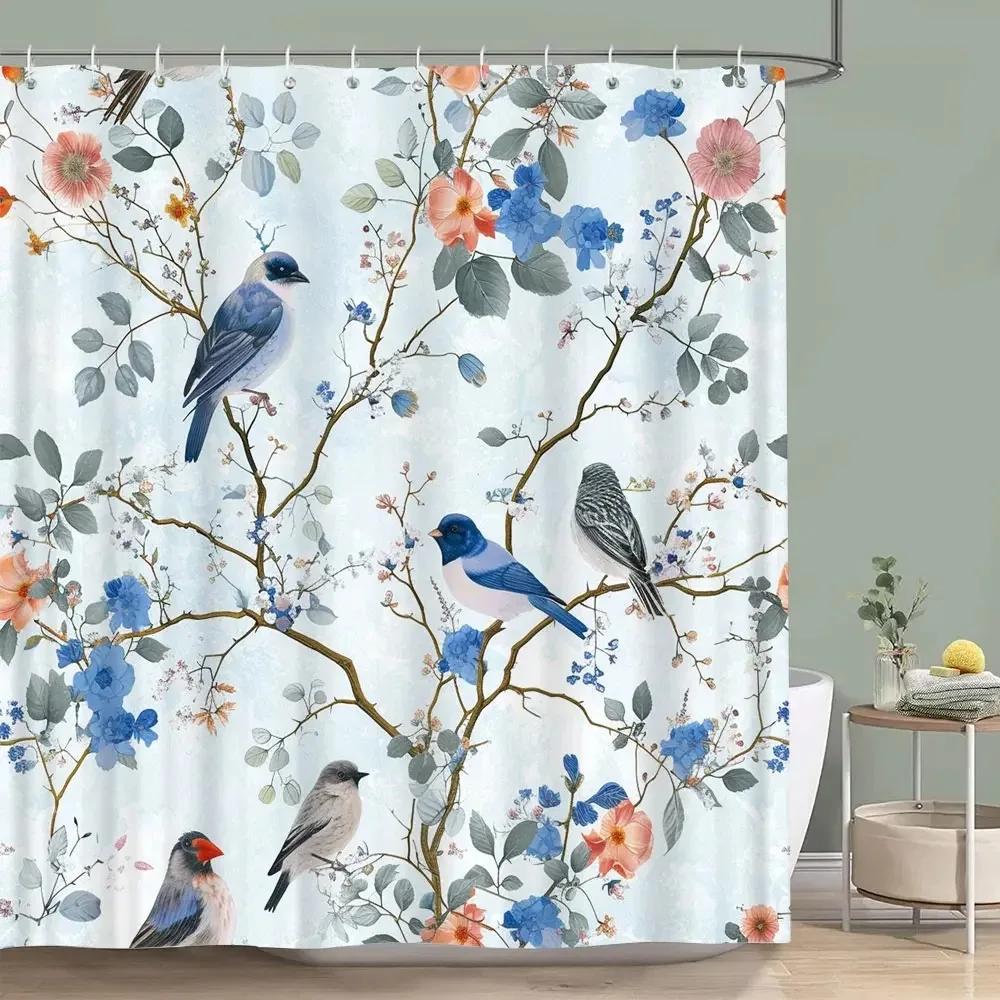 Hummingbird Floral Shower Curtain Birds Watercolour on Flower Branches Printed Polyester Bath Curtains Bathroom Decor with Hooks