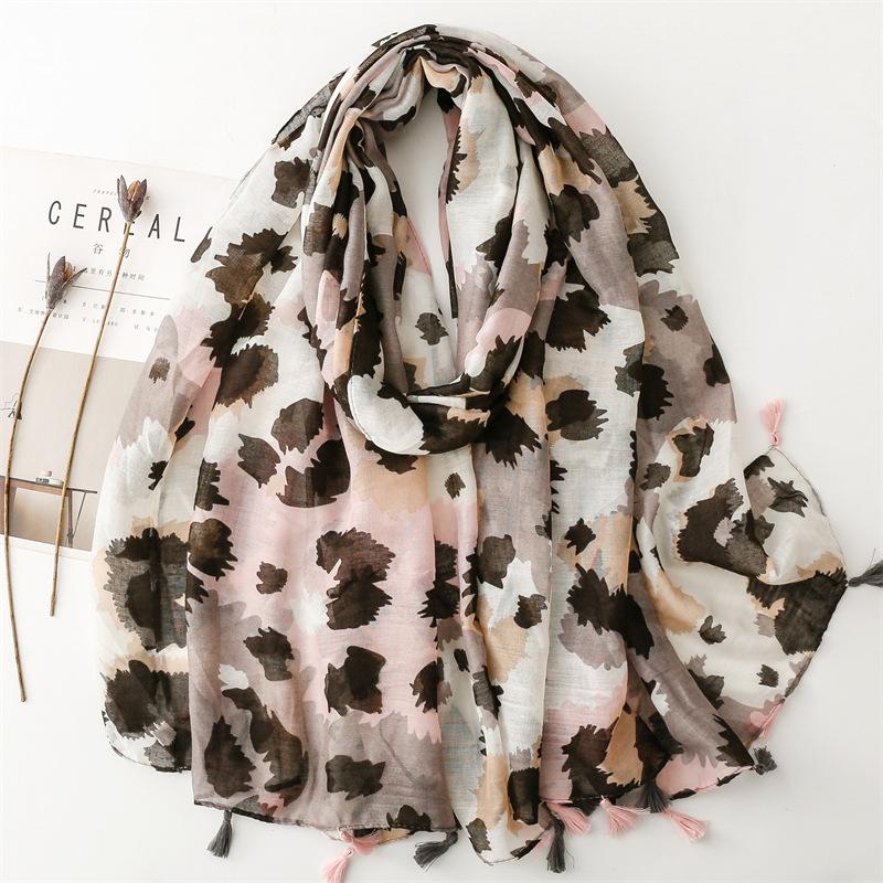 

Pink Leopard Print Women Viscose Scarf Summer Beach Shawl Cotton Linen Feeling Tassel Floral Pashmina Muslim Hijab Wrap Lady 88x180cm
