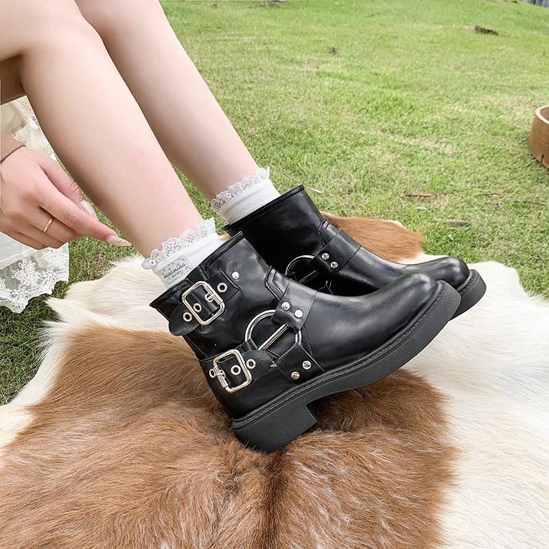Vintage Woman Western Cowgirl Boot Fashion Belt Buckle Short Booties Autumn Winter Suqare Heel Girl Shoes