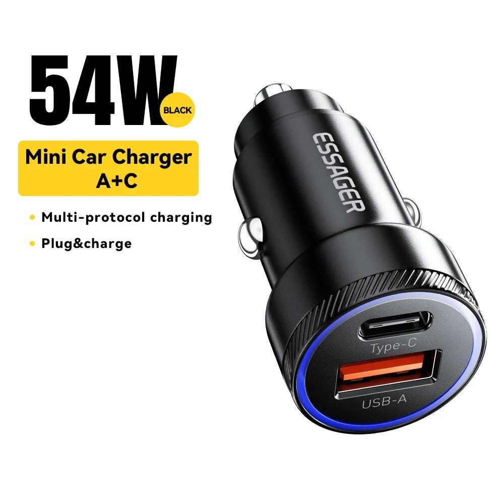 

Автомобильное зарядное устройство Essager 54 Вт, USB, 5 А, быстрая зарядка QC 3,0 PD 3,0 SCP AFC, USB Type C, автомобильные зарядные устройства для телефонов IPhone, Huawei, Samsung, Xiaomi чёрный