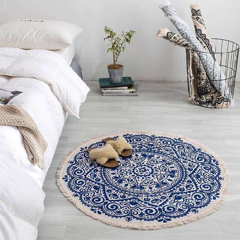 Nordic Round Carpet Rugs Boho Ethnic Mandala Tassel Carpet for Living Room Cotton Linen Big Floor Rug Modern Classic 90cm Mats