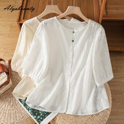 Korean Fashion Summer Women Sweet Blouse O Neck White Apricot Embroidery Shirt Short Sleeve Cotton Elegant Blouse