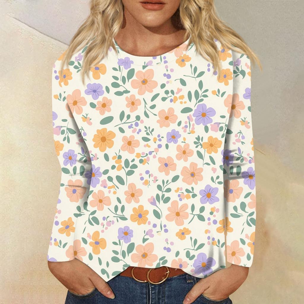 Women's Fashion Casual Long Sleeve Print Round Neck Top