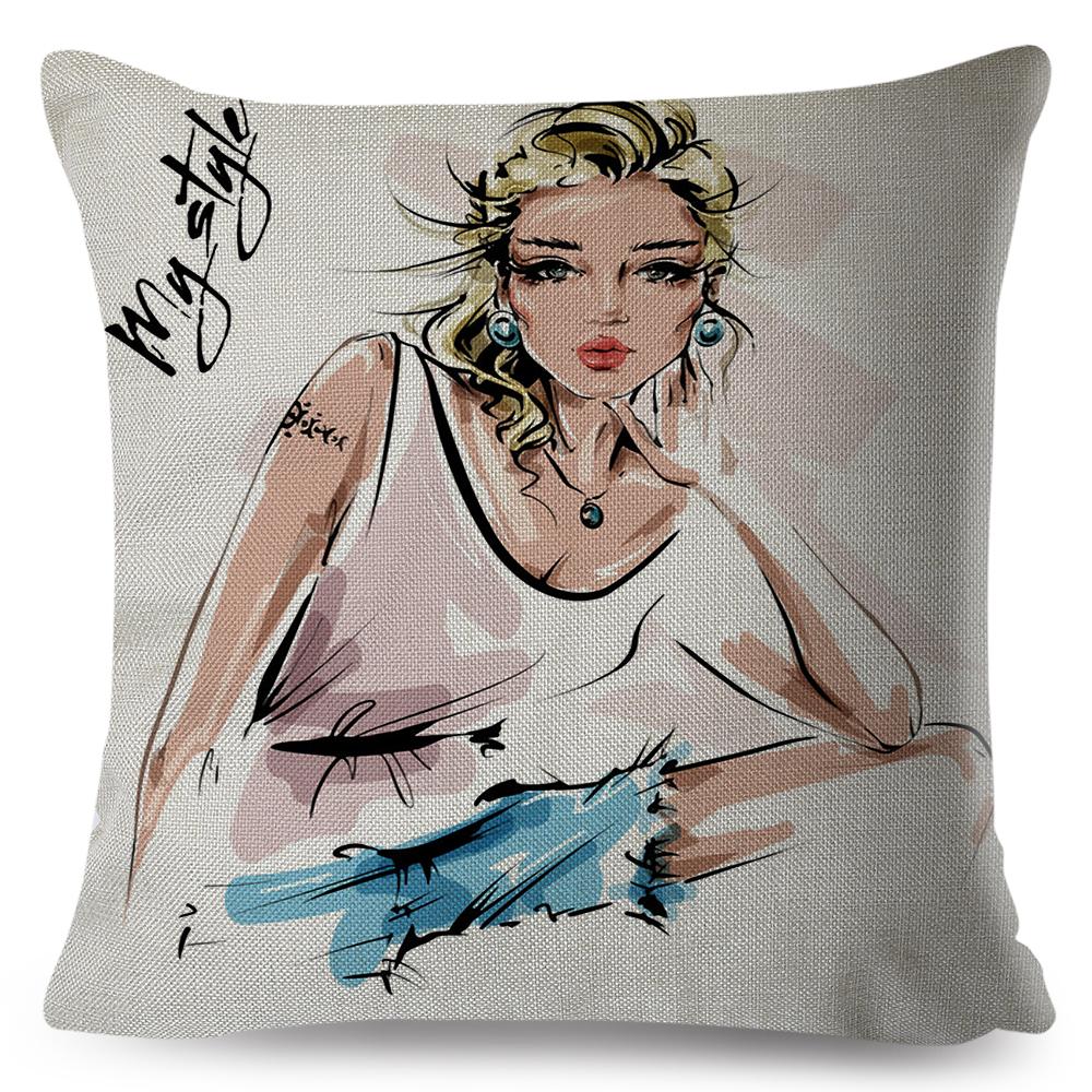 Fashion Woman Art Pillowcase Double Print Boho Lady Cushion Cover Soft Plush Portrait Pillowcase Home Decor