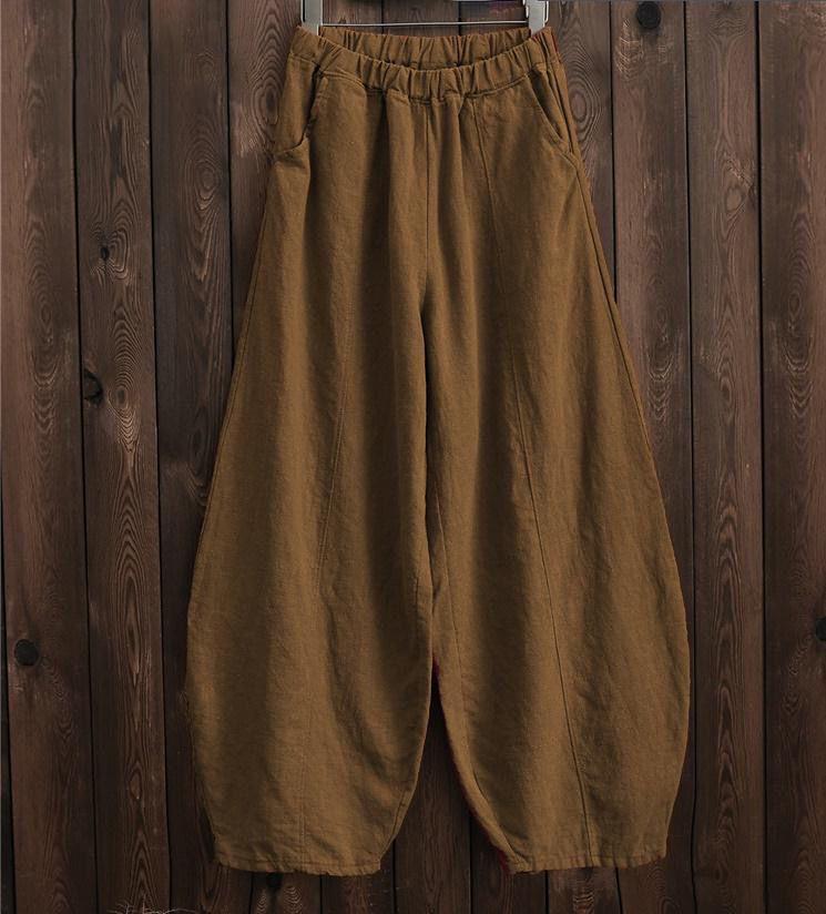 Spring Summer Cotton Linen Style Bloomers Wide Leg Pants Women Vintage Full Length Elegent Pants Solid Elasitic Waist
