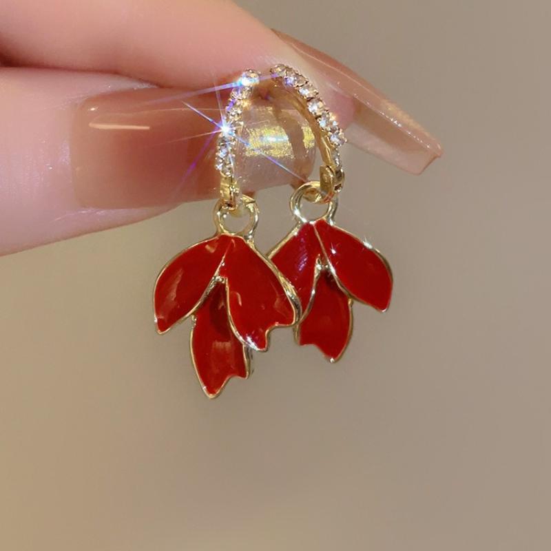 Vintage Red Color Maple Leaf Inlay Zirconl Metal Earrings For Women  Personalization Jewelry Gift