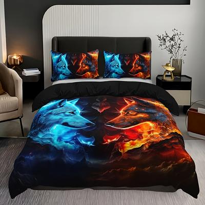 Wolf Flame Bettbezug-Set Weiches Atmungsaktives Polyester Bettwäsche-Set für Alle Jahreszeiten Beinhaltet Bettbezug und 2 Kissenbezüge
