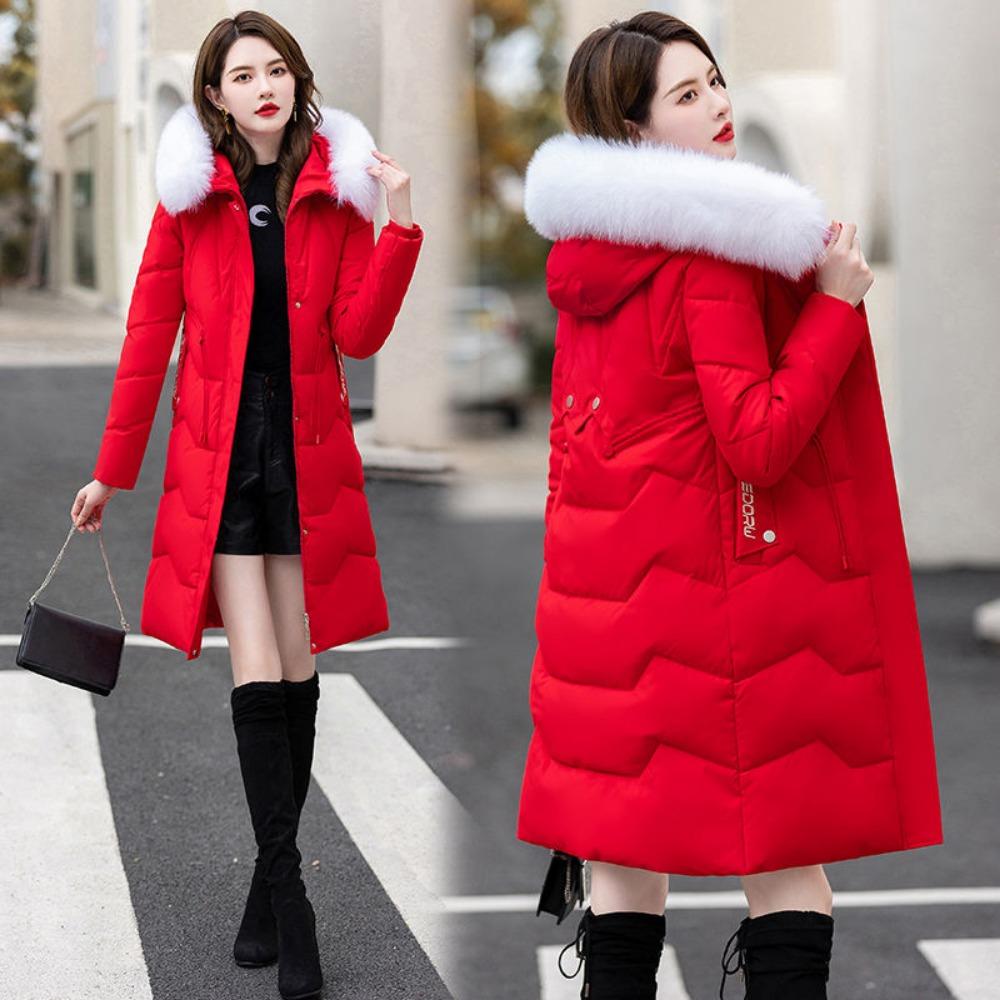 Down Jacket Women's Medium and Long New Slim-fit Fur Collar Warm Duck Down Thickened Jacket Winter
